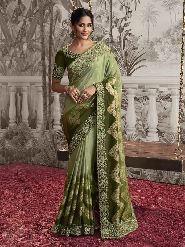 Green silk zari worked saree for festival