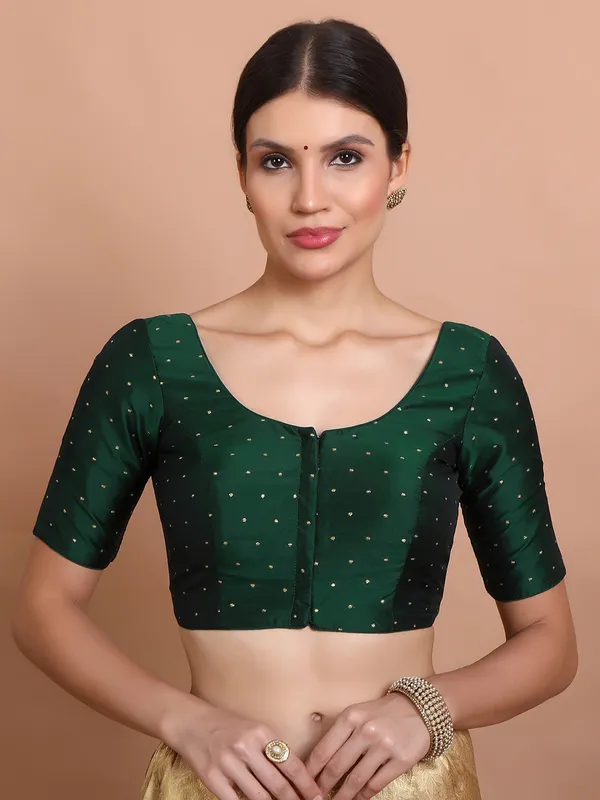 Green silk zari woven blouse with elbow sleeves
