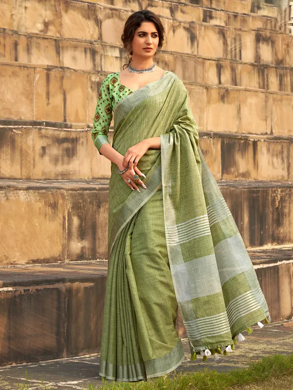 Green soft linen silk saree