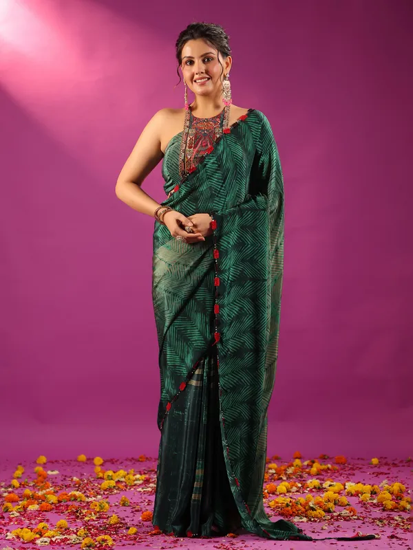 Green vibrant cruss tussar silk saree with ready made blouse