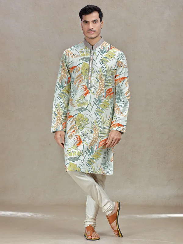 Green vibrant elegance printed kurta set for men