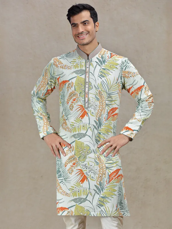 Green vibrant elegance printed kurta set for men