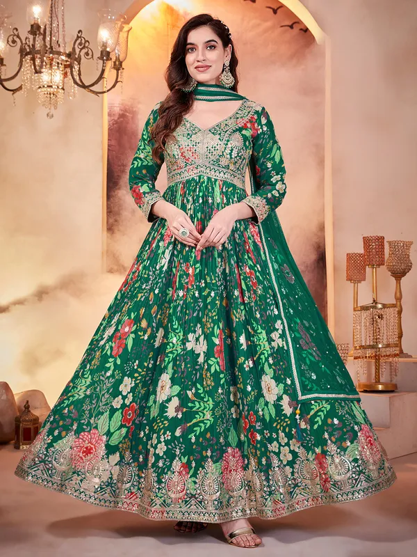 Green wedding wear printed anarkali suit