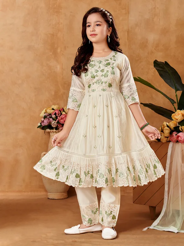 Green white cotton silk pant salwar suit with dupatta