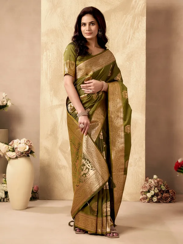Green zari silk saree for celebrations
