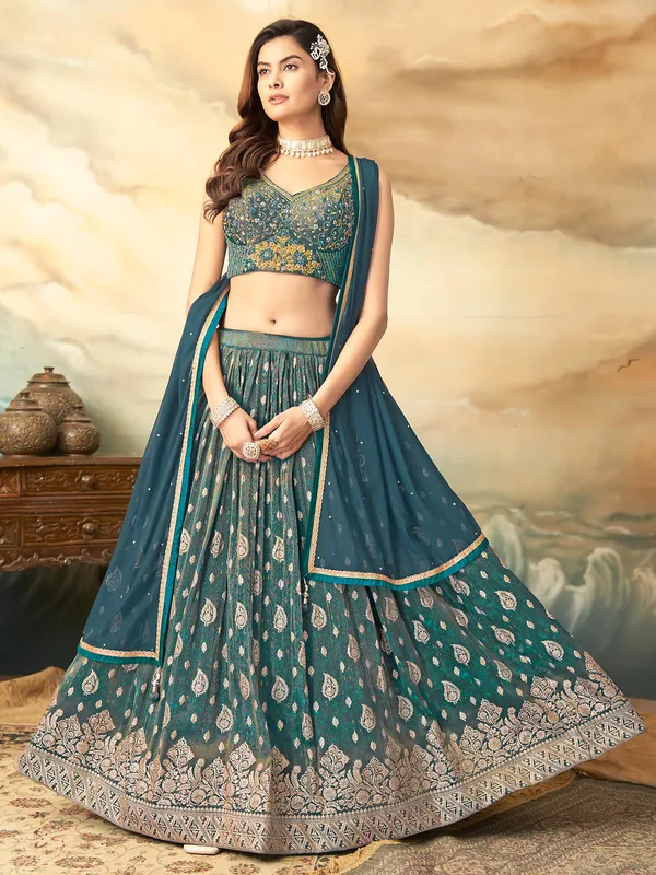 Green zari worked lehenga choli in silk