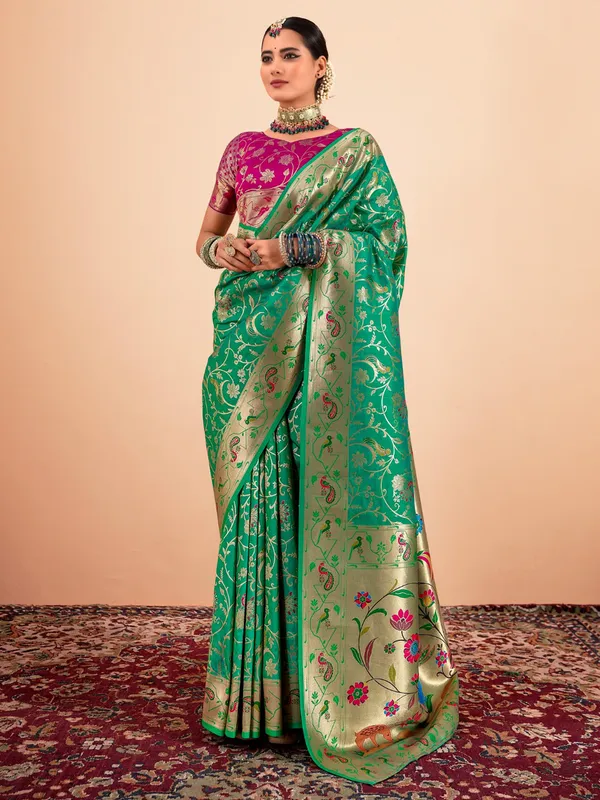 Green zari worked paithani silk saree