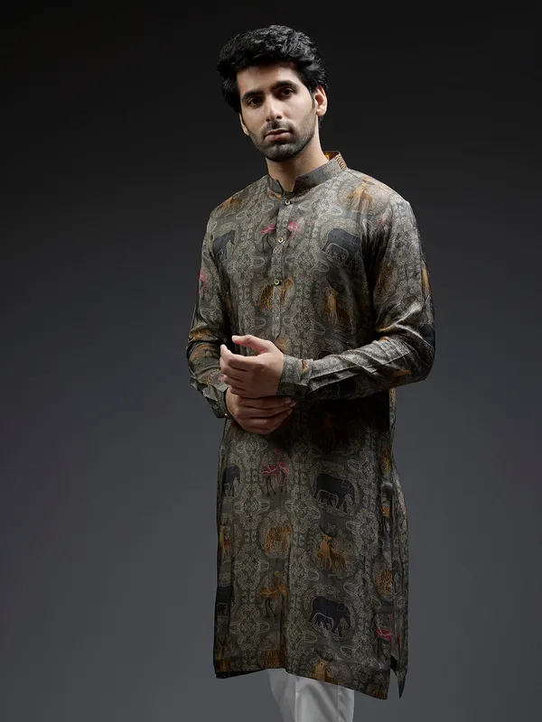 Grey ajarakh printed silk kurta suit for men