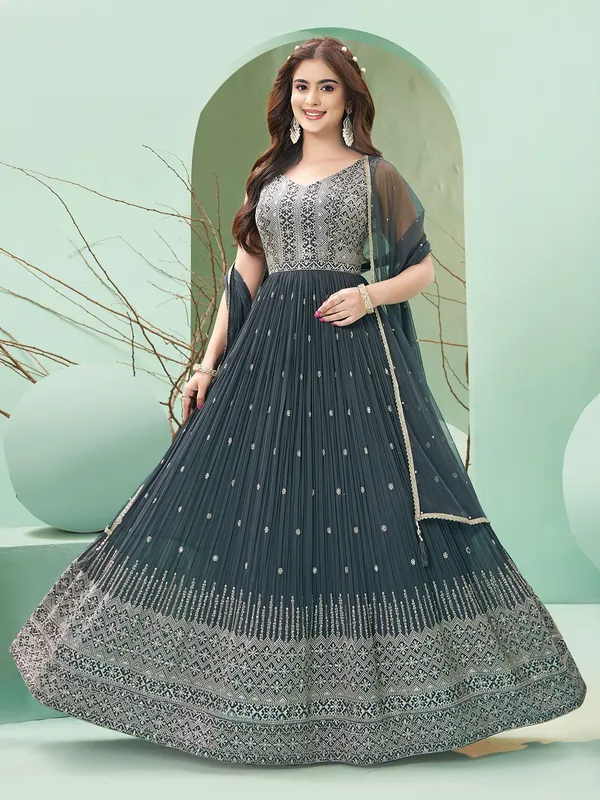 Grey anarkali suit with dupatta