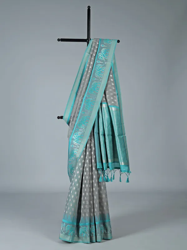 Grey and aqua semi cotton silk saree