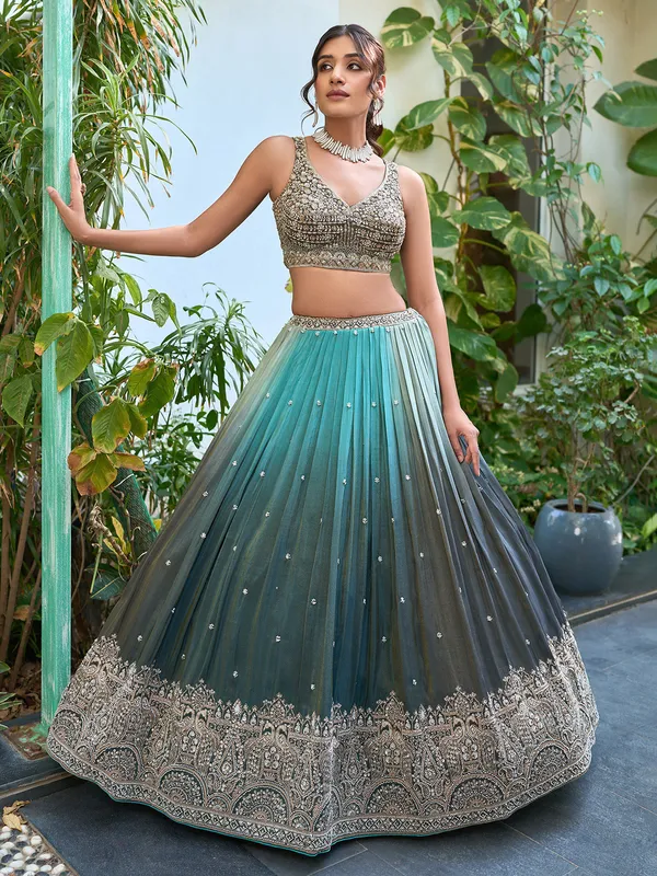 Grey and aqua shaded lehenga choli in silk