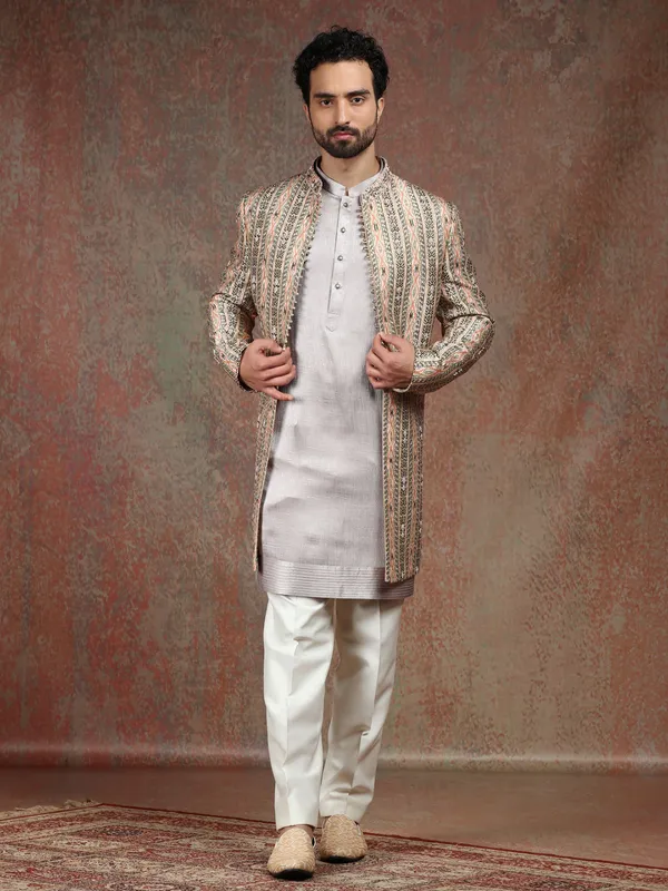 Grey and beige silk indowestern