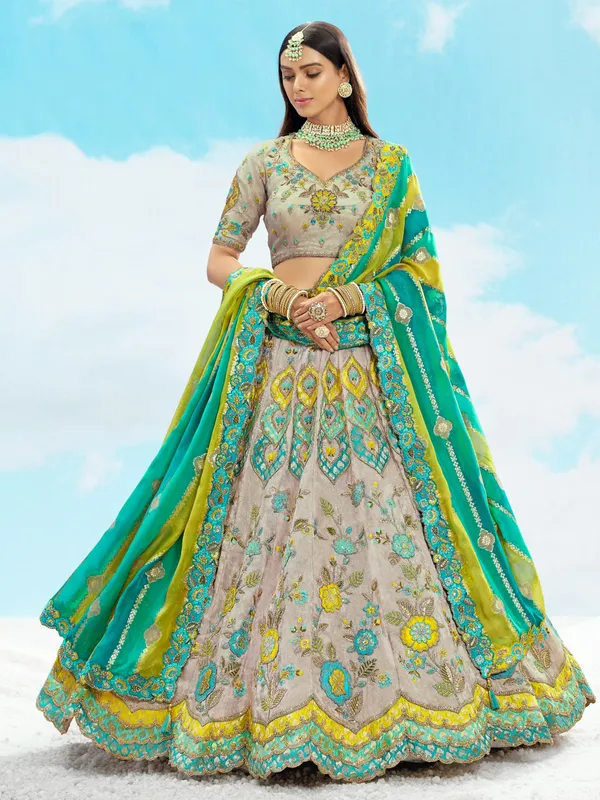 Grey and green silk unstitched lehenga choli