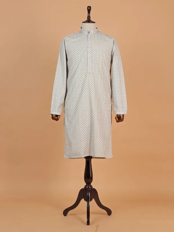 Grey and mustard printed cotton kurta suit suit for boys