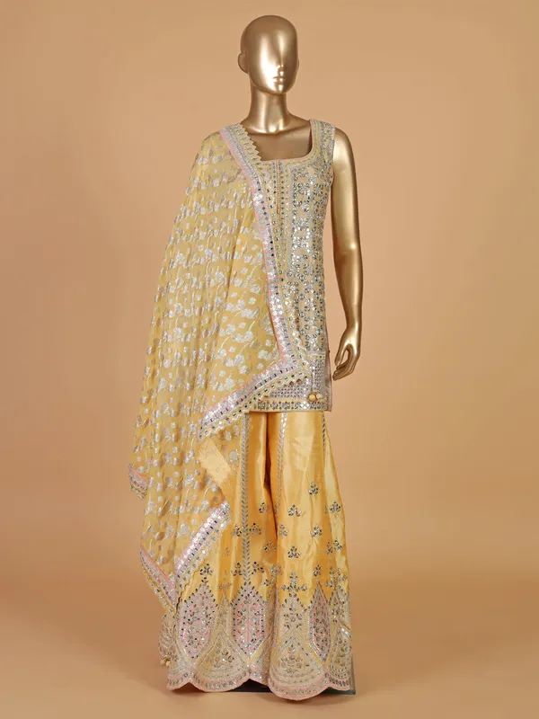 Grey and mustard yellow palazzo salwar suit