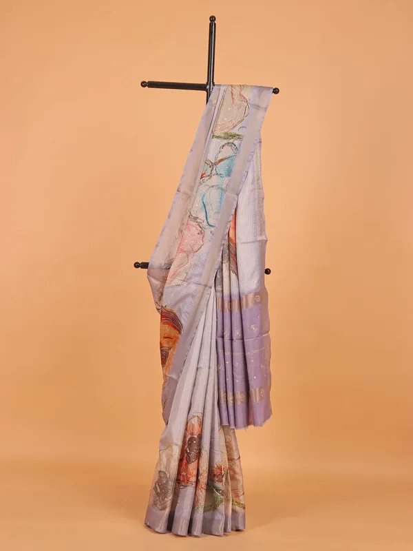 Grey and purple semi cotton silk saree for women