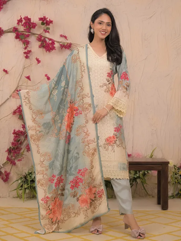 Grey and white shaded cotton silk kurti set