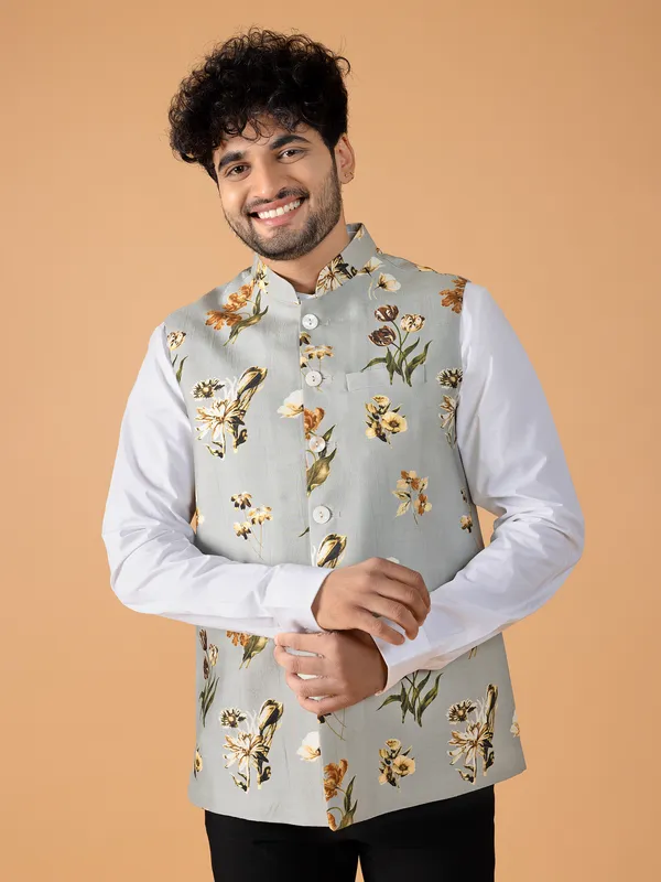 Grey and yellow floral printed waistcoat