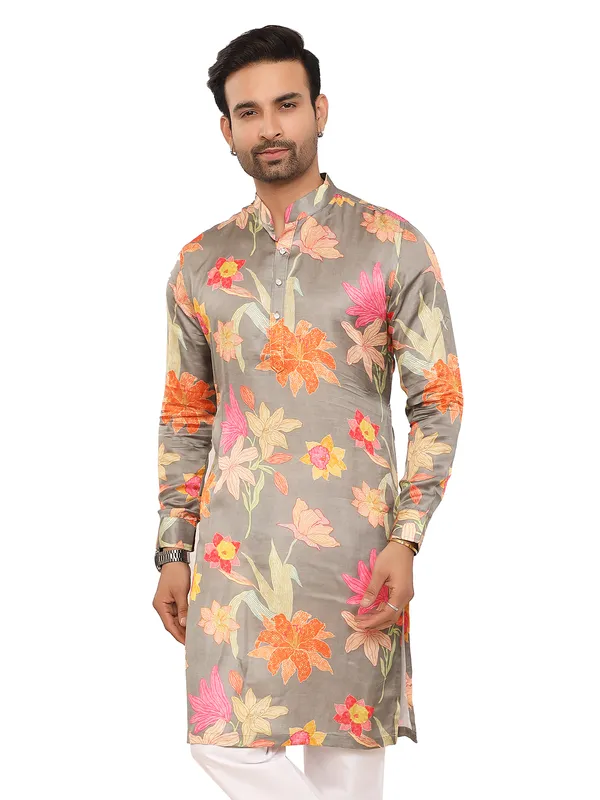 Grey colour floral printed kurta for men
