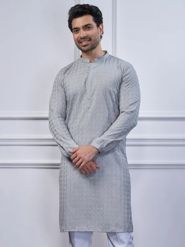 Grey cotton embroidery kurta suit for festival