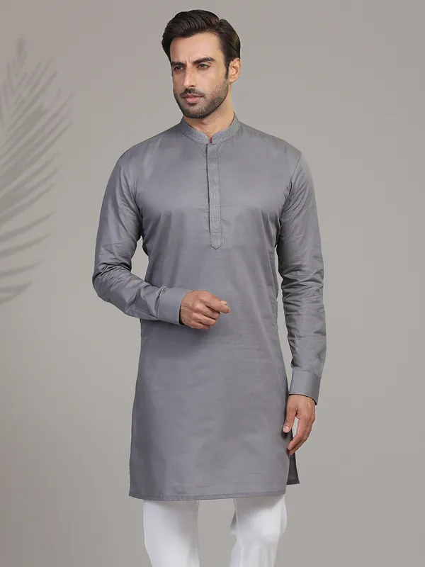 Grey cotton festive wear mens kurta