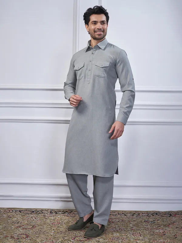 Grey cotton pathani kurta suit for men