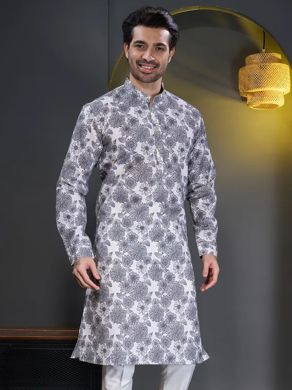 Grey cotton printed kurta pajama
