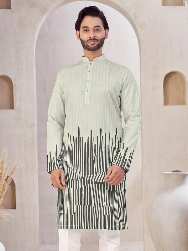 Grey cotton printed men kurta suit