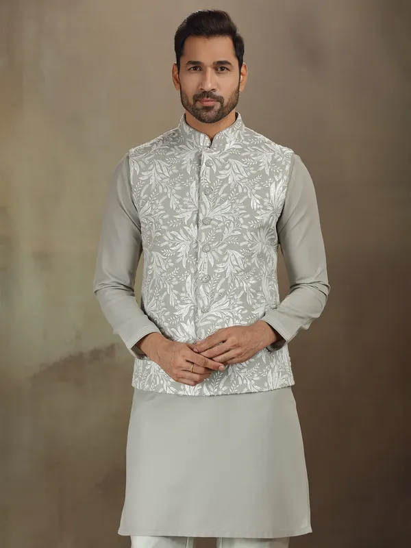 Grey cotton silk embroidered waistcoat set