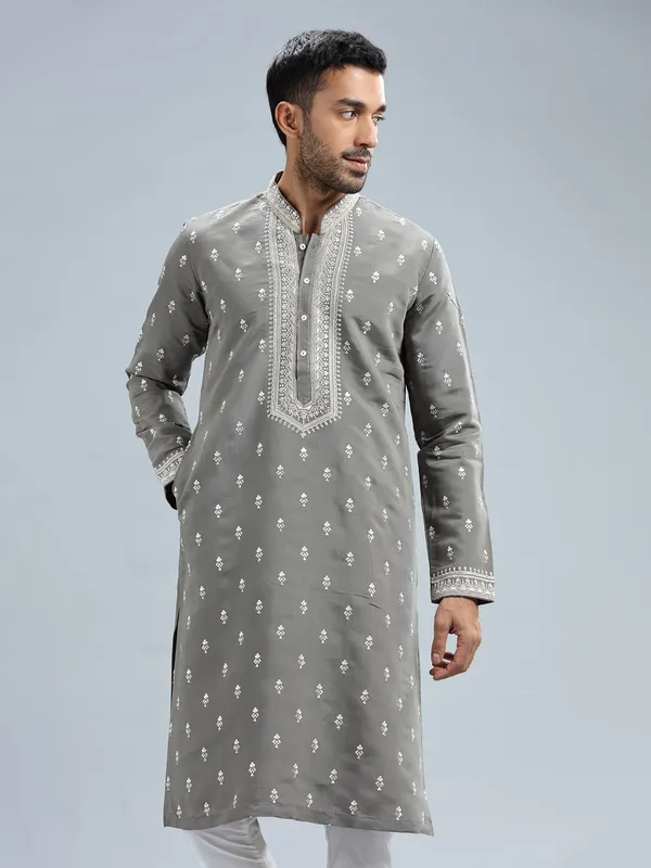 Grey cotton silk kurta set for men