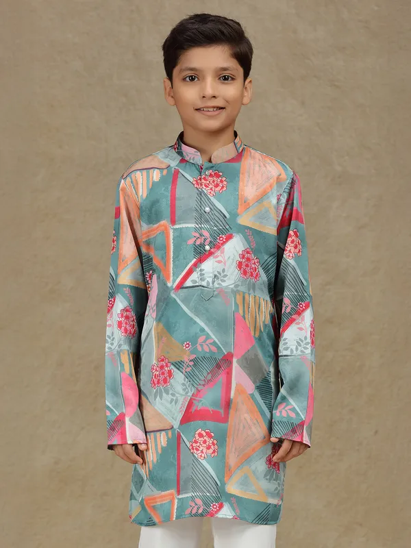 Grey cotton silk printed kurta set for boys