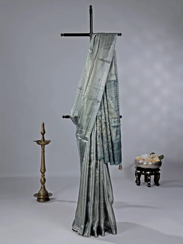 Grey cotton silk saree with resham and cutdana