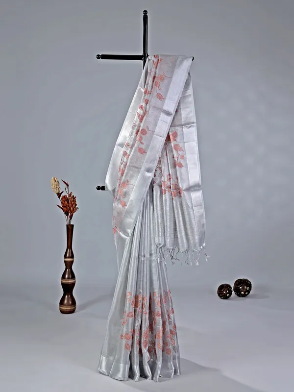 Grey cotton silk saree with thread work
