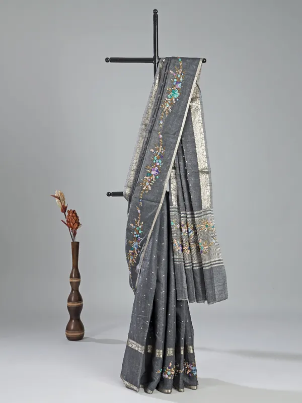 Grey cotton silk saree with zari thread detailing