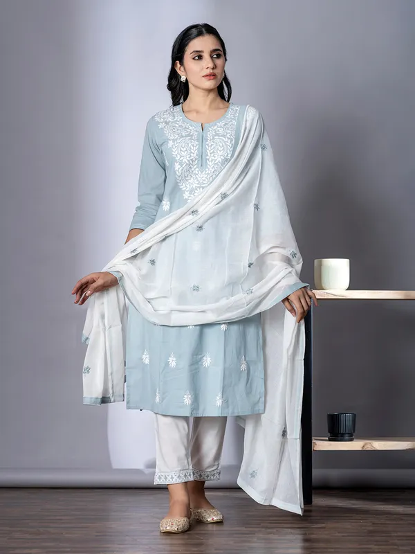Grey cotton straight cut kurti set with dupatta