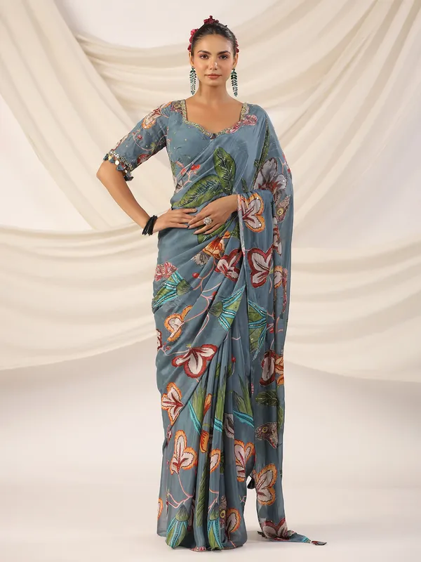Grey crepe georgette saree with stylish blouse