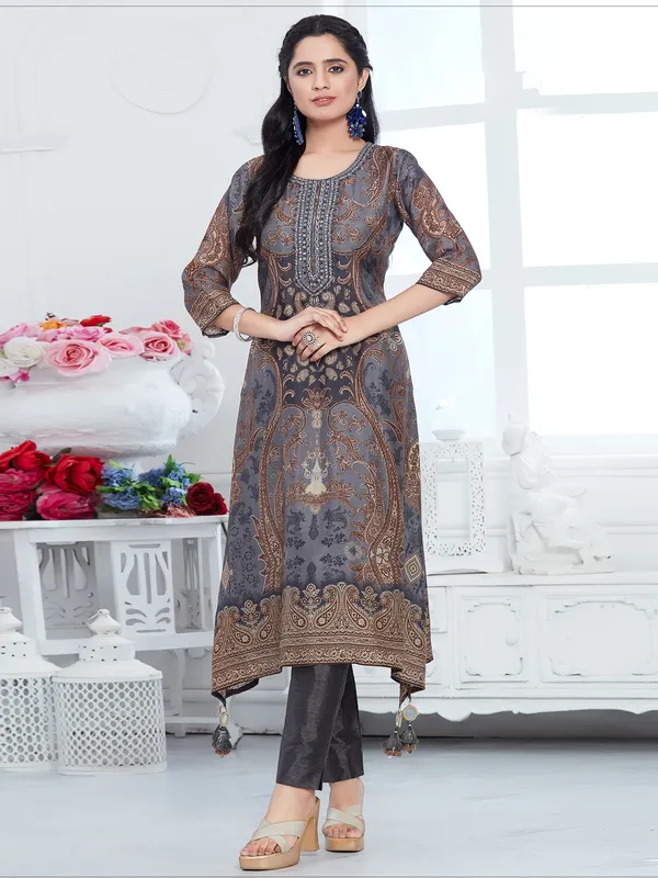 Grey digital printed a-line kurti