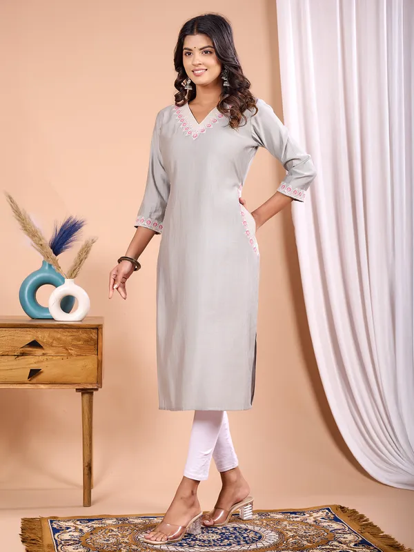 Grey embroidery kurti in cotton silk