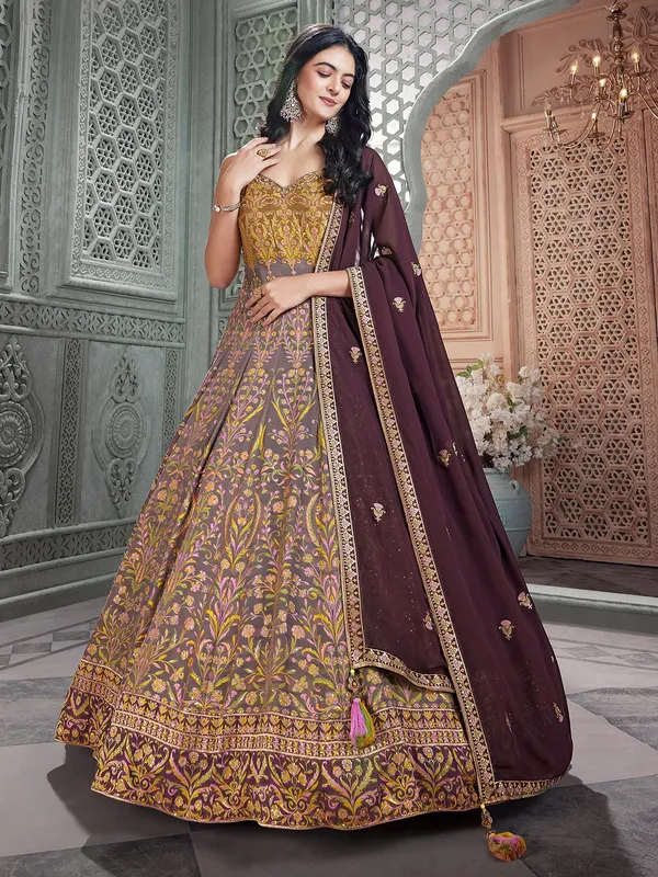 Grey floor length anarkali suit with thread work