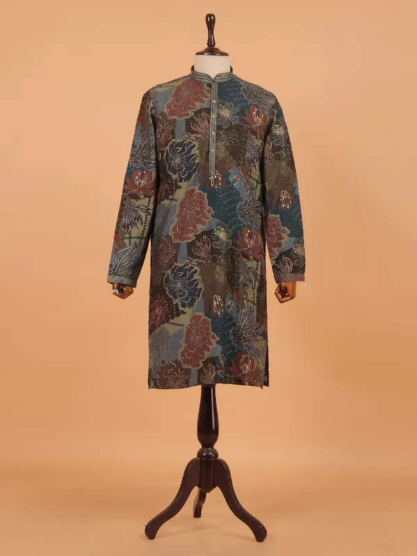 Grey floral printed festive kurta set for men