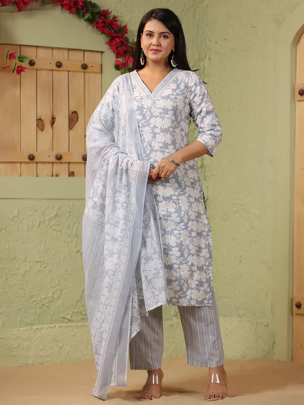 Grey floral printed silk kurti set with printed dupatta