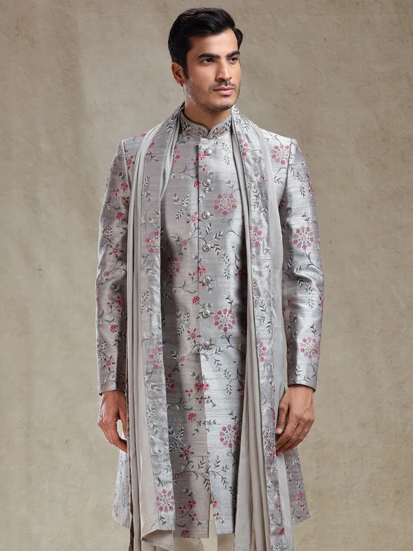 Grey flower embroidery pattern sherwani for wedding