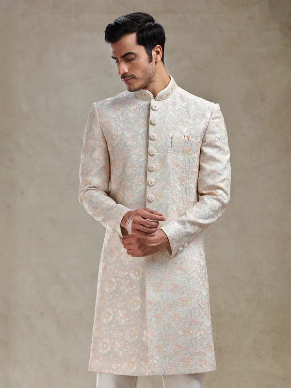 Grey indo western set in pastle embroidery