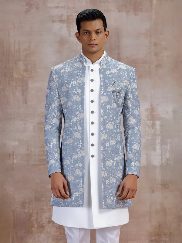 Grey jacket style indo western with embroidery work