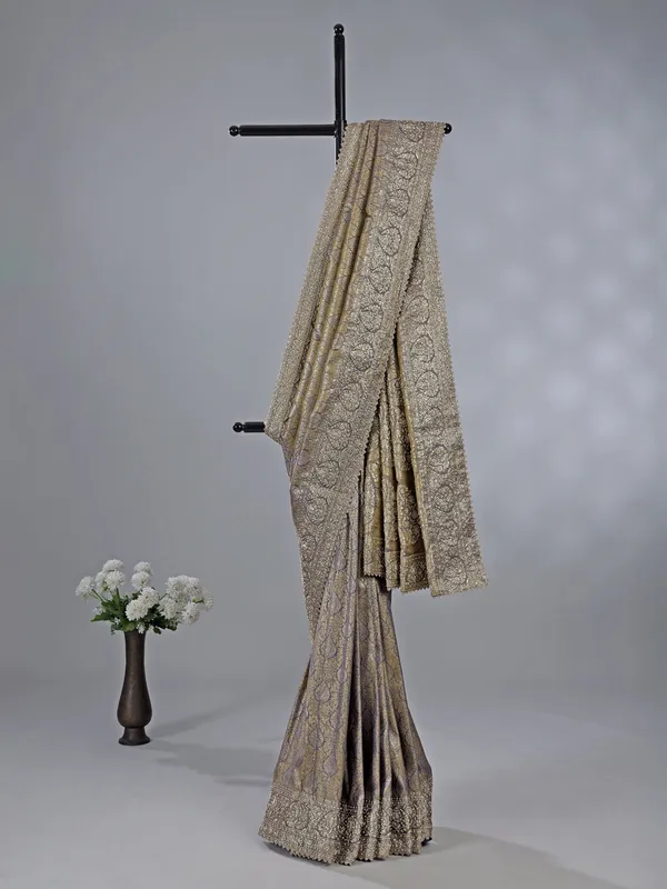 Grey kanjivaram silk saree with zari weaving