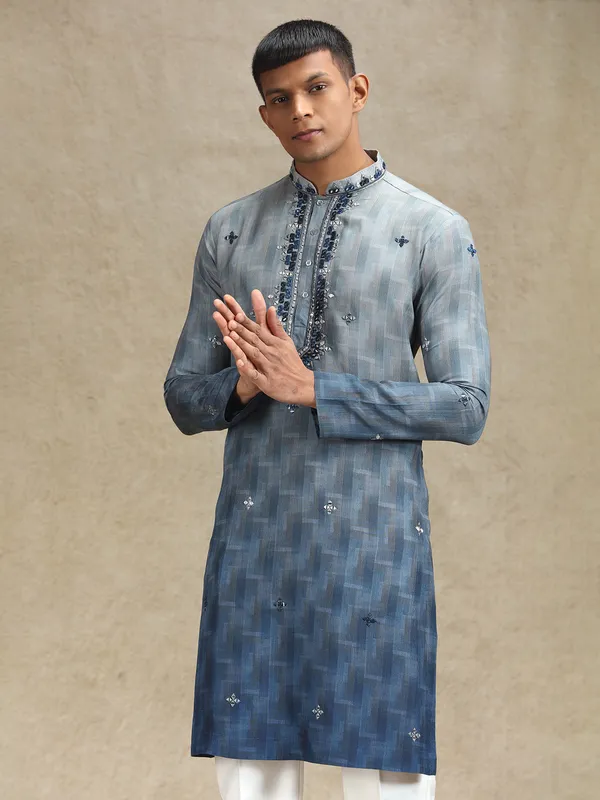 Grey kurta pajama in embroidery and mirror