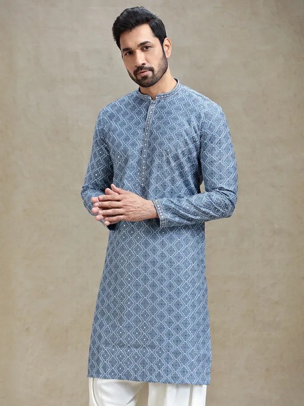 Grey kurta salwar set in symmetrical embroidery