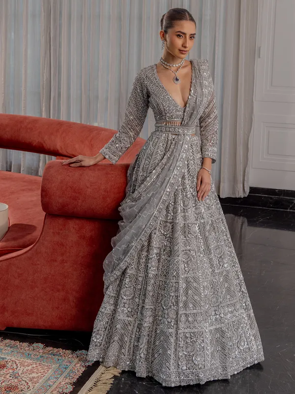 Grey lehenga choli in soft net