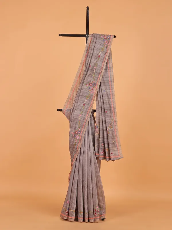Grey linen printed silk saree for women