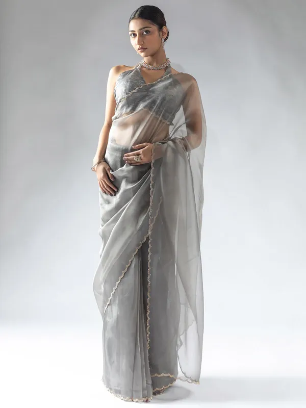 Grey organza redy to wear saree for women